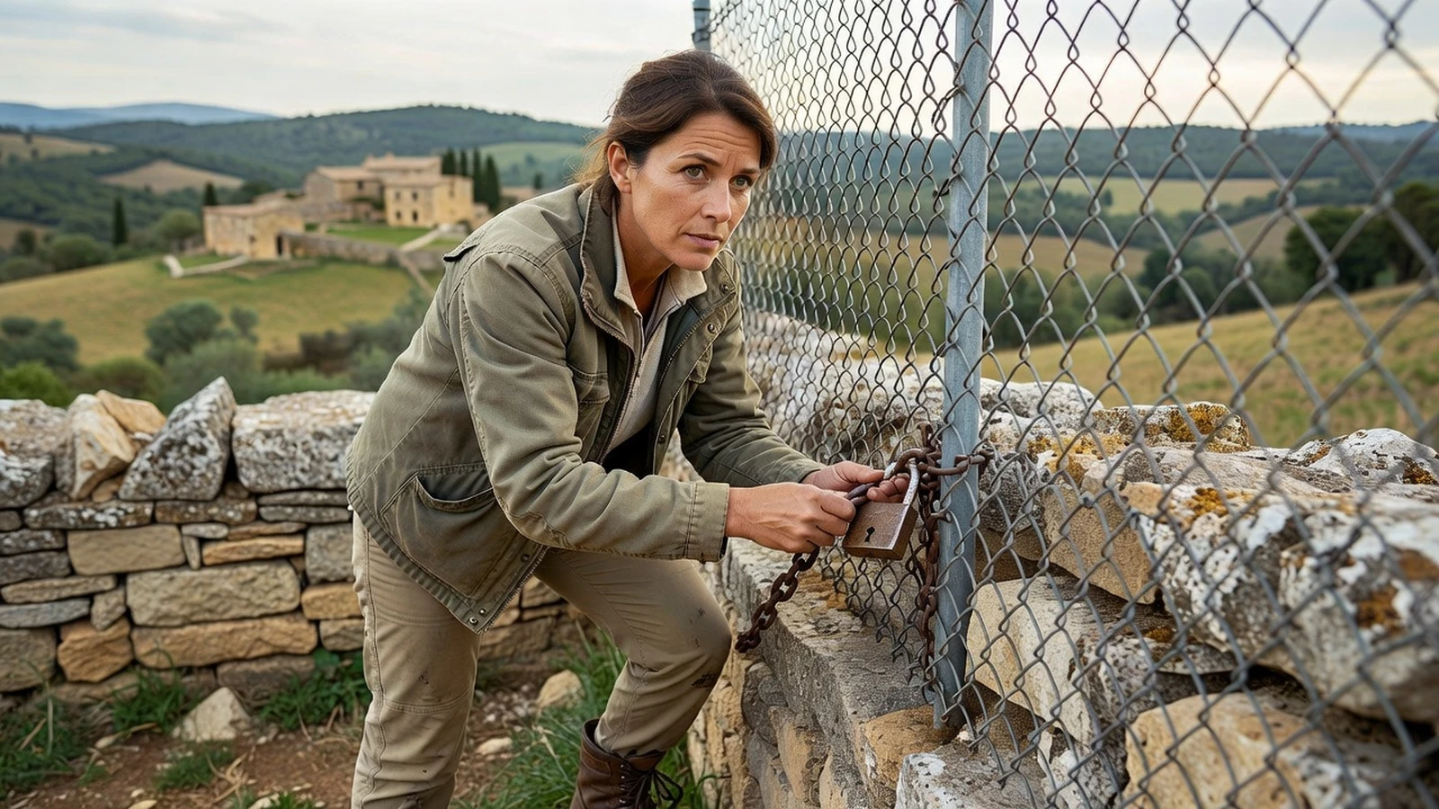 Une femme vérifie la solidité du cadenas installé sur la clôture métallique de sa propriété.
