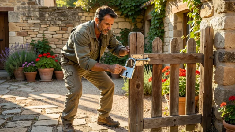 Un homme sécurise un cadenas haute sécurité sur le portail en bois de son jardin en Occitanie.