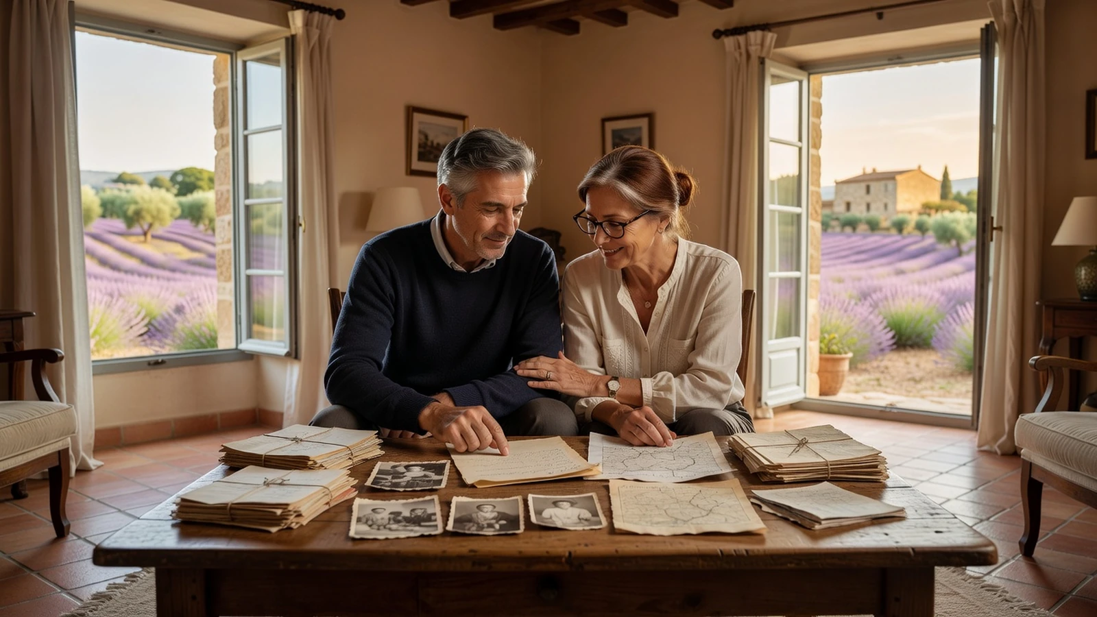 Un couple consulte ensemble ses documents familiaux sensibles pour un archivage numérique sécurisé.