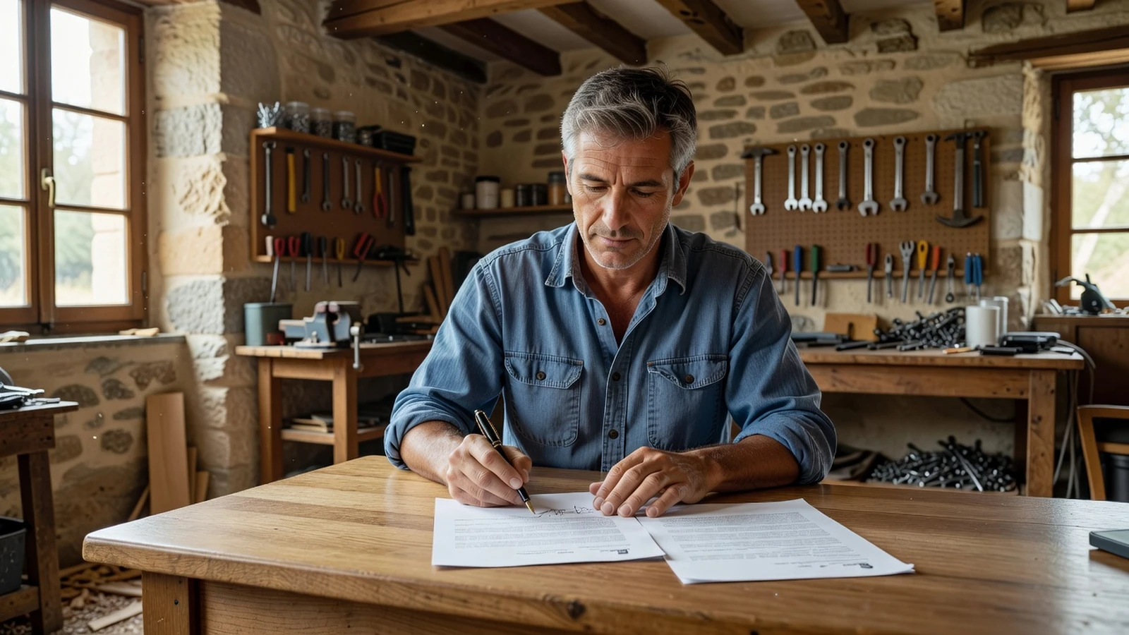 Un professionnel signe un contrat important dans un atelier avant stockage en ligne.
