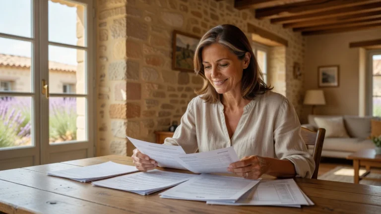 Une femme examine tranquillement ses documents personnels importants sur une table avant archivage sécurisé.