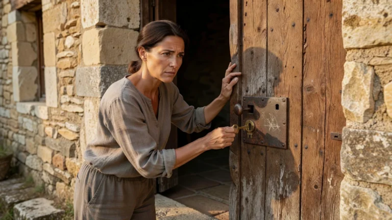 Une femme tente d’ouvrir une serrure grippée sur la porte d’entrée de sa maison.