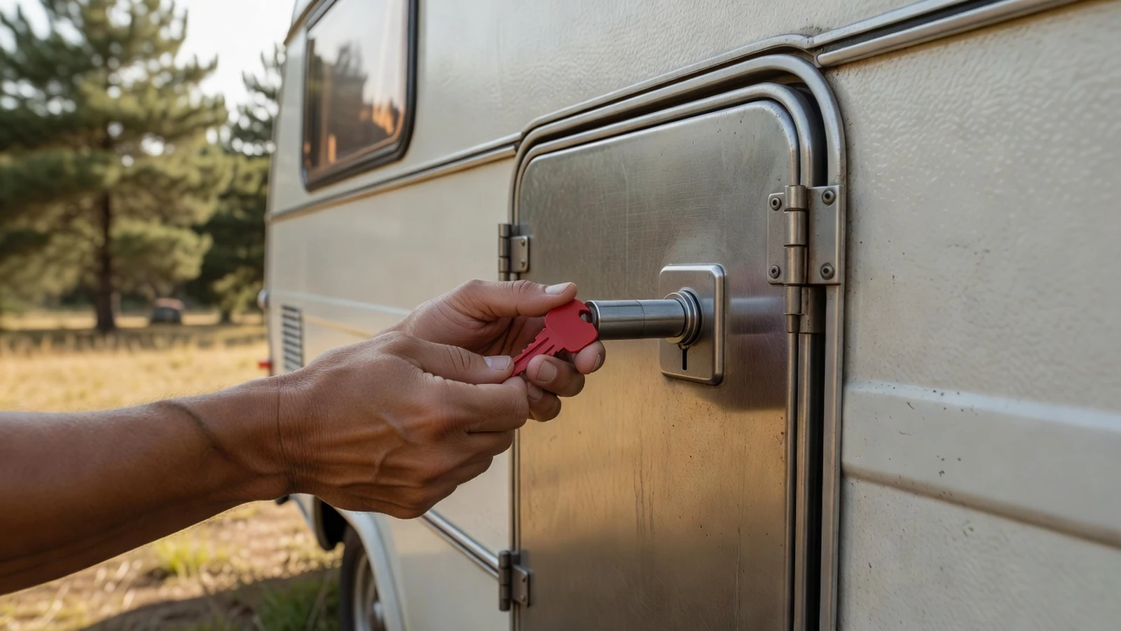Homme faisant glisser doucement le barillet hors de la porte cellule d'un camping-car avec une clé rouge.