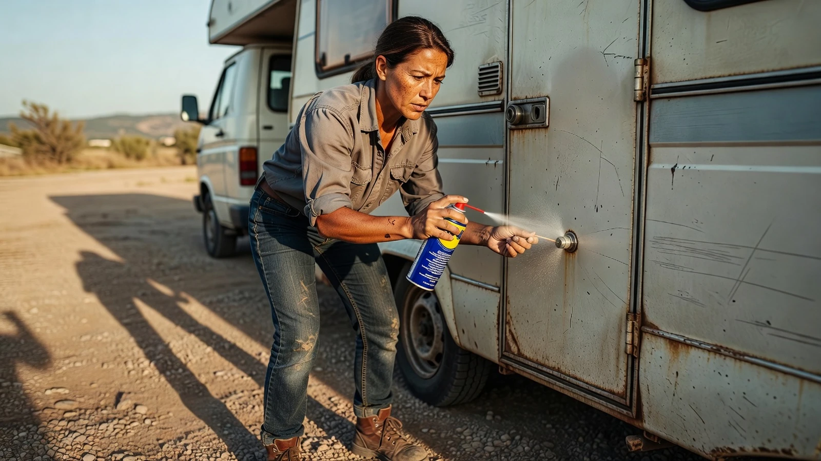 Femme vaporisant du lubrifiant WD40 dans le mécanisme bloqué de la serrure de cellule d'un camping-car.