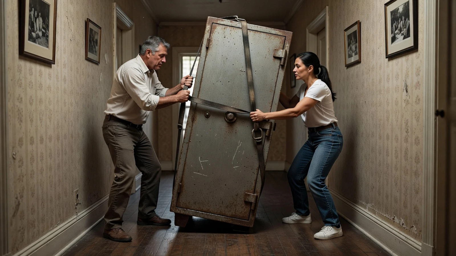 Un homme et une femme fixant des sangles de levage sur un ancien coffre-fort Bauche dans un couloir avant de le déplacer.