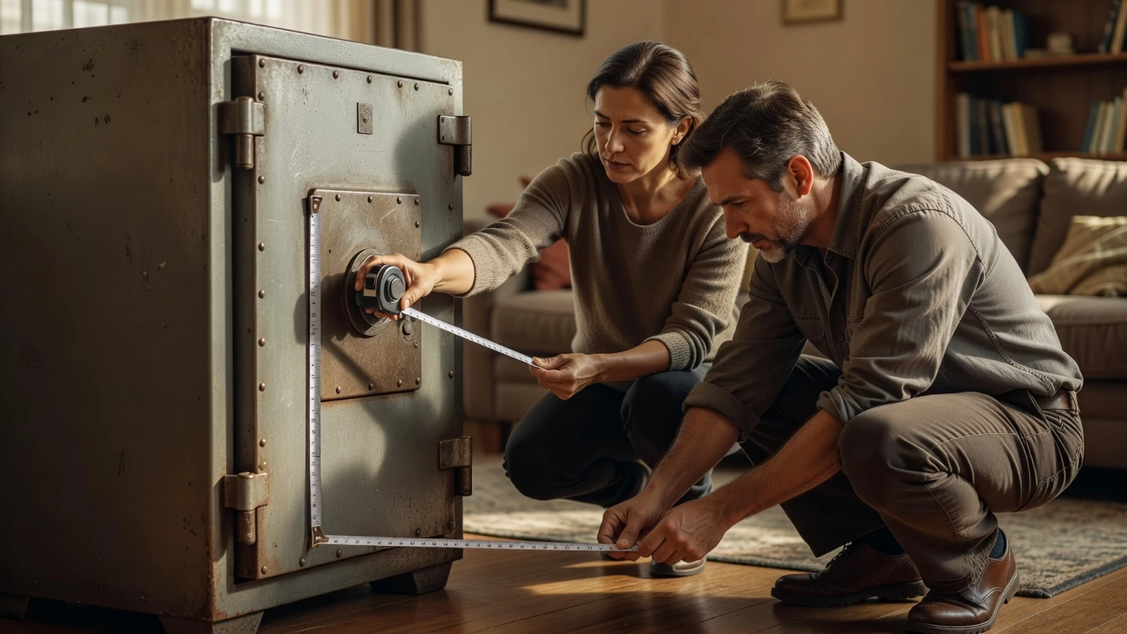Un homme et une femme mesurant les dimensions d'un ancien coffre-fort Bauche dans une pièce de maison pour préparer son déplacement.